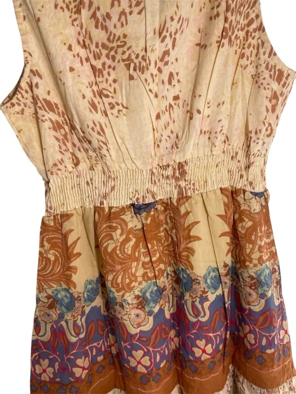 Chaudry KC Women’s Boho Tiered Midi Dress in Beige and Rust Floral Size L NWT